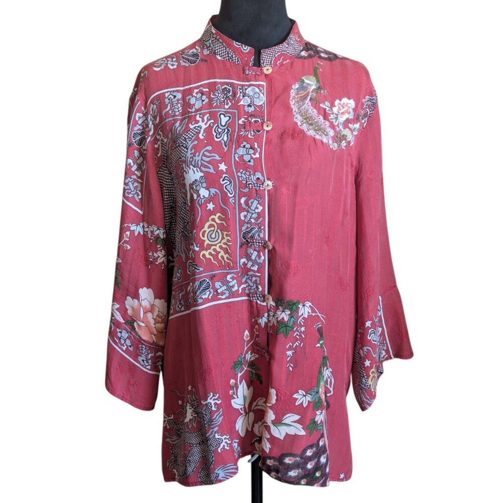 Citron Santa Monica 100% Silk Dragon Peacock Blouse XL Red Asian Art To Wear